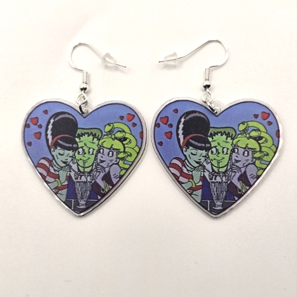 Frankenstein, Bride & Medusa Heart Earrings 💜 Monster Milkshake Squad